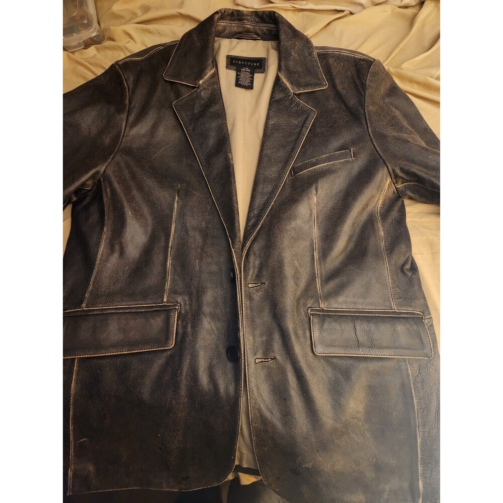Structure Mens L Genuine Leather Blazer Jacket Distressed Brown 42-44